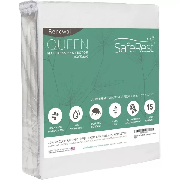 imageSafeRest Renewal Derived Viscose Rayon Mattress Pad Protector Cover  Waterproof Breathable Vinyl Free  Queen Size