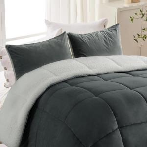 imageMERITLIFE California King Size Comforter Set Micromink Sherpa Comforter Cal King 3 Pcs Bedding Set Winter Warm Fleece Reversible Comforter 2 Pillowcases CharcoalWhite96quotx104quotCharcoal