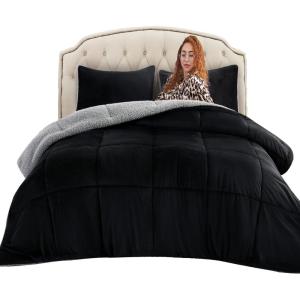 imageMERITLIFE Luxury Fluffy Black Queen Comforter Set Micromink Sherpa Comforter 3 Pcs Bed Set Queen Size DoubleSided 1 Warm Fleece Comforter 2 PillowcasesWashableBlack Grey88quotx88quotBlack