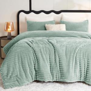 imageCozyLux Fluffy Queen Comforter Set  Super Soft Faux Fur Cream White Comforter Queen Size Warm Fleece Bedding Set 3 Pieces Plush Fuzzy Bed Set 1 Shaggy Comforter 2 PillowcasesSage Green
