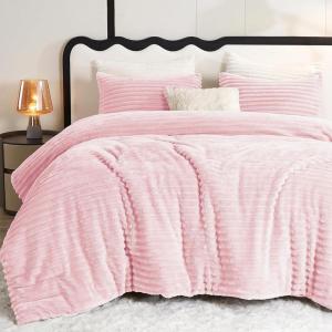 imageCozyLux Fluffy Queen Comforter Set  Super Soft Faux Fur Cream White Comforter Queen Size Warm Fleece Bedding Set 3 Pieces Plush Fuzzy Bed Set 1 Shaggy Comforter 2 PillowcasesPink