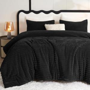 imageCozyLux Fluffy Queen Comforter Set  Super Soft Faux Fur Cream White Comforter Queen Size Warm Fleece Bedding Set 3 Pieces Plush Fuzzy Bed Set 1 Shaggy Comforter 2 PillowcasesBlack