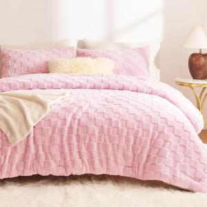 imageCozyLux Queen Size Comforter Set Sage Green Fluffy Plush Fleece Comforter with Checkered Pattern Farmhouse Boho Soft Warm Bed Set 3 Pieces 1 Comforter and 2 PillowcasesBlush Pink