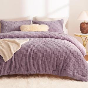 imageCozyLux Queen Size Comforter Set Sage Green Fluffy Plush Fleece Comforter with Checkered Pattern Farmhouse Boho Soft Warm Bed Set 3 Pieces 1 Comforter and 2 PillowcasesLight Purple