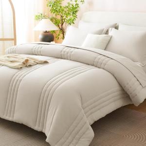 imageCozyLux Queen Comforter Set  7 Pieces Bed in a Bag Beige Comforters Queen Size Bed Set Soft Bedding Set with All Seasons Comforter Sheets Pillowcases ampamp ShamsBeige