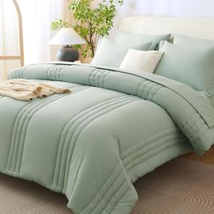 imageCozyLux Queen Comforter Set  7 Pieces Bed in a Bag Beige Comforters Queen Size Bed Set Soft Bedding Set with All Seasons Comforter Sheets Pillowcases ampamp ShamsSage Green