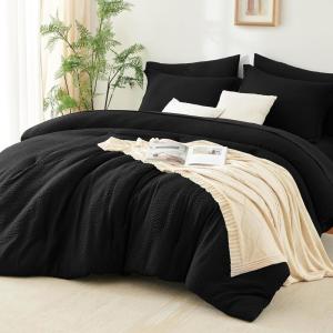 imageCozyLux Queen Comforter Set Beige  7 Pieces Seersucker Bed in a Bag Soft Lightweight Boho Bedding Set with All Season Comforters Queen Size Sheets Pillowcases ampamp ShamsBlack
