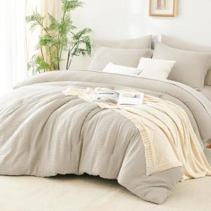 imageCozyLux Queen Comforter Set Beige  7 Pieces Seersucker Bed in a Bag Soft Lightweight Boho Bedding Set with All Season Comforters Queen Size Sheets Pillowcases ampamp ShamsBeige