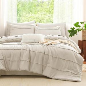 imageCozyLux Queen Comforter Set Beige 7 Pieces Soft Prewashed Pinch Pleat Bed in a Bag Queen Comforter Set with Sheets Boho Bed Set with Down Alternative Comforter Sheets Pillowcases ampamp ShamsBeige