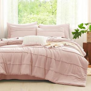 imageCozyLux Queen Comforter Set Beige 7 Pieces Soft Prewashed Pinch Pleat Bed in a Bag Queen Comforter Set with Sheets Boho Bed Set with Down Alternative Comforter Sheets Pillowcases ampamp ShamsBlush Pink