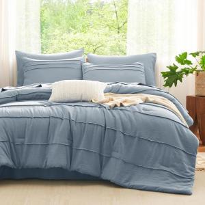 imageCozyLux Queen Comforter Set Beige 7 Pieces Soft Prewashed Pinch Pleat Bed in a Bag Queen Comforter Set with Sheets Boho Bed Set with Down Alternative Comforter Sheets Pillowcases ampamp ShamsGrayish Blue