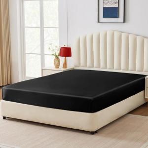 imageCozyLux Satin Fitted Sheet Queen Size Black Silky Satin Bed Fitted Sheet Only with Microfiber Deep Pocket Single Bottom Sheet Sold Separately Breathable Smooth and SoftBlack