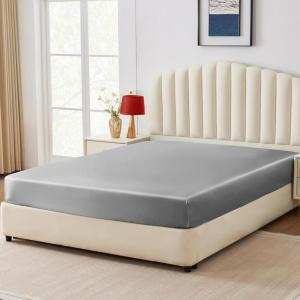 imageCozyLux Satin Fitted Sheet Queen Size Black Silky Satin Bed Fitted Sheet Only with Microfiber Deep Pocket Single Bottom Sheet Sold Separately Breathable Smooth and SoftLight Grey