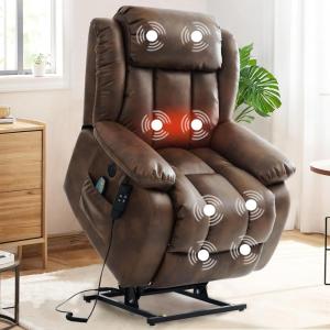 imageMERITLIFE Dual Motor Power Lift Chair Lay Flat Recliner for Sleeping with Massage and Heat Infinite Position Lift Chairs Recliners for Elderly Breathable Leather OchreOchre