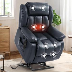 imageMERITLIFE Dual Motor Power Lift Chair Lay Flat Recliner for Sleeping with Massage and Heat Infinite Position Lift Chairs Recliners for Elderly Breathable Leather OchreDark Blue