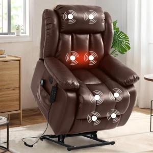 imageMERITLIFE Dual Motor Power Lift Chair Lay Flat Recliner for Sleeping with Massage and Heat Infinite Position Lift Chairs Recliners for Elderly Breathable Leather OchreBrown