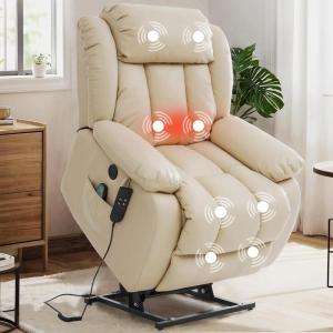 imageMERITLIFE Dual Motor Power Lift Chair Lay Flat Recliner for Sleeping with Massage and Heat Infinite Position Lift Chairs Recliners for Elderly Breathable Leather OchreBeige