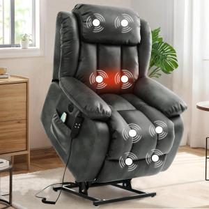 imageMERITLIFE Dual Motor Power Lift Chair Lay Flat Recliner for Sleeping with Massage and Heat Infinite Position Lift Chairs Recliners for Elderly Breathable Leather OchreSilver Grey
