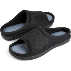 imageZizor Mens Memory Foam Open Toe Slippers Slip On Breathable House Shoes with Indoor Outdoor AntiSkid Rubber SoleBlack