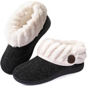imageWishcotton Womens Wool Cozy Memory Foam Winter Slippers Indoor Outdoor with Fuzzy Faux Fur CollarBlack