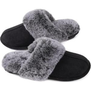 imageZizor Womens Slip on Scuff Slippers with Memory Foam Winter Warm Faux Fluffy Fur House Shoes Indoor NonSlip Bedroom Sole Black 910