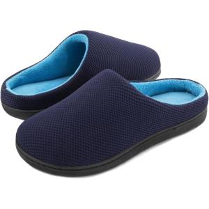 imageWishcotton Mens Memory Foam Slippers Indoor Outdoor Cozy House Shoes with Sturdy Rubber SoleNavy Blue