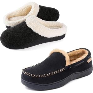 imageZigzagger Set of 2 Pairs  Womens Sherpa Fleece House Slipper with Memory FoamBlack US 89 and Mens Moccasin Slippers Memory Foam House ShoesBlackUS 11