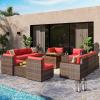 image7 Pieces Patio Furniture Set with 44Fire Pit Table Outdoor Wicker Rattan Conversation Set Include Sofa Cover Patio Sectional Sofa Set for Garden Backyard Deck RedRed