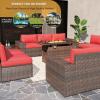image7 Pieces Patio Furniture Set with 44Fire Pit Table Outdoor Wicker Rattan Conversation Set Include Sofa Cover Patio Sectional Sofa Set for Garden Backyard Deck RedRed