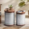 imageAccent Galvanized Rustic End Table Farmhouse Metal Storage Bins with Round Wood LidSet of 2Brown