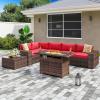 image7 Pieces Patio Furniture Set with 44Fire Pit Table Outdoor Wicker Rattan Conversation Set Include Sofa Cover Patio Sectional Sofa Set for Garden Backyard Deck RedRed