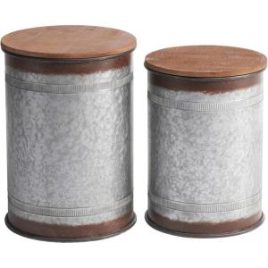 imageAccent Galvanized Rustic End Table Farmhouse Metal Storage Bins with Round Wood LidSet of 2Brown