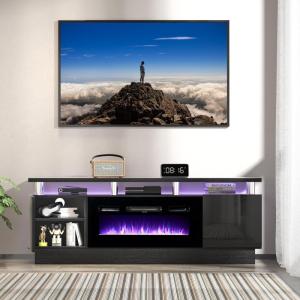 imageFireplace TV Stand with 36quot Electric Fireplace2 Tier TV Console Stand LED Light Entertainment Center for TVs Up to 80quot Fireplace for The Living Room TV StandBlackBlack