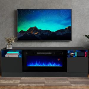 imageFireplace TV Stand with 36quot Electric Fireplace2 Tier TV Console Stand LED Light Entertainment Center for TVs Up to 80quot Fireplace for The Living Room TV StandBlackBlack  Black
