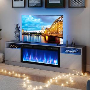 imageFireplace TV Stand with 36quot Electric Fireplace2 Tier TV Console Stand LED Light Entertainment Center for TVs Up to 80quot Fireplace for The Living Room TV StandBlackGray  Black