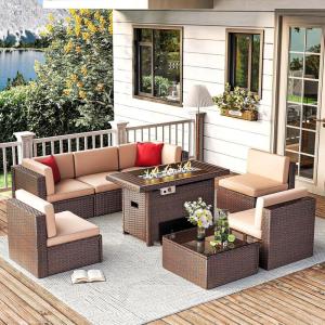 imagePatio Furniture 8 Pieces Outdoor Furniture Set with 40quot Fire Pit Table Wicker Rattan Sectional Conversation Set with Coffee Table for Patio Garden and Backyard Small Size People BrownBrown