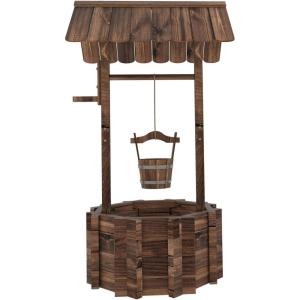 imagePatio Wooden Wishing Bucket Antique Planter with Wooden Barrel for Patio Garden Decoration Brown