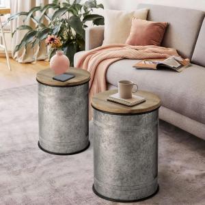 imageRound Country Farmhouse MetalPlated Galvanized Iron Bucket Stool with Wooden Bucket Lid Set of 2