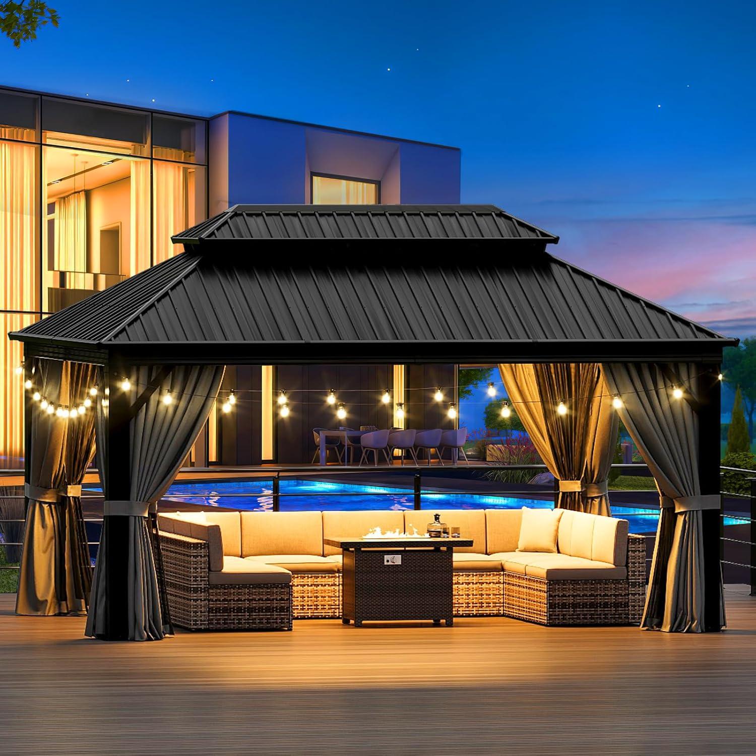 image12x16 FT Hardtop Gazebo Outdoor Double Top Canopy Aluminum Frame Permanent Pavilion with Netting and Curtains Sunshade for Patio Garden LawnsMetal Roof