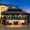image12x16 FT Hardtop Gazebo Outdoor Double Top Canopy Aluminum Frame Permanent Pavilion with Netting and Curtains Sunshade for Patio Garden LawnsMetal