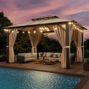 image12 X 16 Hardtop Gazebo with Mosquito Netting and Curtains Outdoor Gazebos with Double Roof Galvanized Steel Permanent Aluminum Gazebo for Gardens Decks Patios Parties10x13Brown Polycarbonate Roof