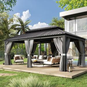 image12 X 16 Hardtop Gazebo with Mosquito Netting and Curtains Outdoor Gazebos with Double Roof Galvanized Steel Permanent Aluminum Gazebo for Gardens Decks Patios Parties12x20Grey Metal Roof