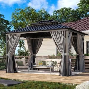 image12 X 16 Hardtop Gazebo with Mosquito Netting and Curtains Outdoor Gazebos with Double Roof Galvanized Steel Permanent Aluminum Gazebo for Gardens Decks Patios Parties10x12Grey Metal Vertical line