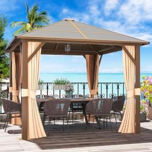 image12 X 16 Hardtop Gazebo with Mosquito Netting and Curtains Outdoor Gazebos with Double Roof Galvanized Steel Permanent Aluminum Gazebo for Gardens Decks Patios Parties10x10Brown Polycarbonate Roof