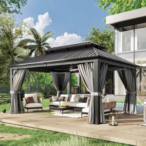 image12 X 16 Hardtop Gazebo with Mosquito Netting and Curtains Outdoor Gazebos with Double Roof Galvanized Steel Permanent Aluminum Gazebo for Gardens Decks Patios Parties12x16Grey Metal Roof