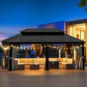 image12x16 FT Hardtop Gazebo Outdoor Double Top Canopy Aluminum Frame Permanent Pavilion with Netting and Curtains Sunshade for Patio Garden LawnsMetal Roof