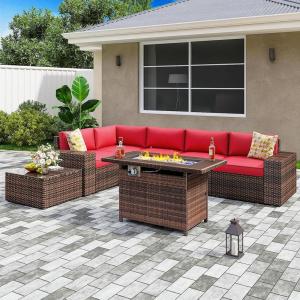 image13 Pieces Patio Furniture Set with 44Fire Pit Table Outdoor Wicker Rattan Conversation Set Include Sofa Cover Patio Sectional Sofa Set for Garden Backyard Deck RedRed
