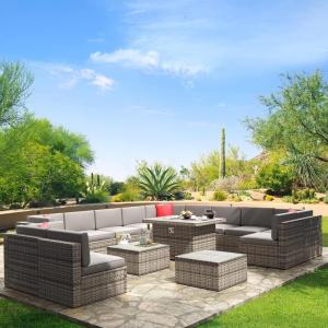 image15Piece Patio Furniture Set with 40quot Fire Pit Table Outdoor Wicker Rattan Sectional Conversation Set for Patios Gardens and Backyards Gray