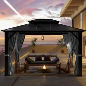 imageHardtop Gazebo 10FTx12FT Polycarbonate Double Top Canopy Aluminum Frame Permanent Pavilion with Curtains and Netting for Lawns Patios GardensMetal