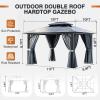 image12x20 Hardtop Gazebo Outdoor Polycarbonate Double Top Canopy Aluminum Frame Permanent Pavilion with Netting and Curtains Sunshade for Patio Garden LawnsGray